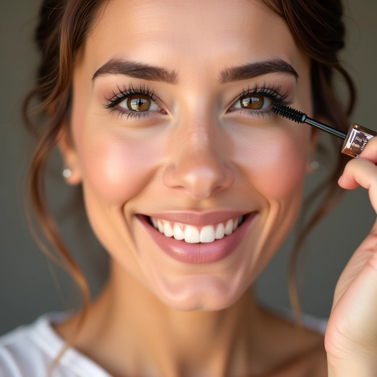 Mulher sorrindo aplicando máscara para cílios, obtendo cílios de boneca.