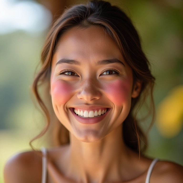 Mulher sorrindo com blush de longa duração e maquiagem natural.