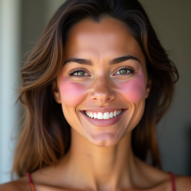 Mulher sorrindo com blush de longa duração.