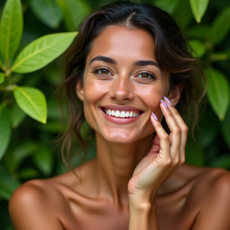 Mulher sorrindo com corretivo de chá verde e fundo de folhas.