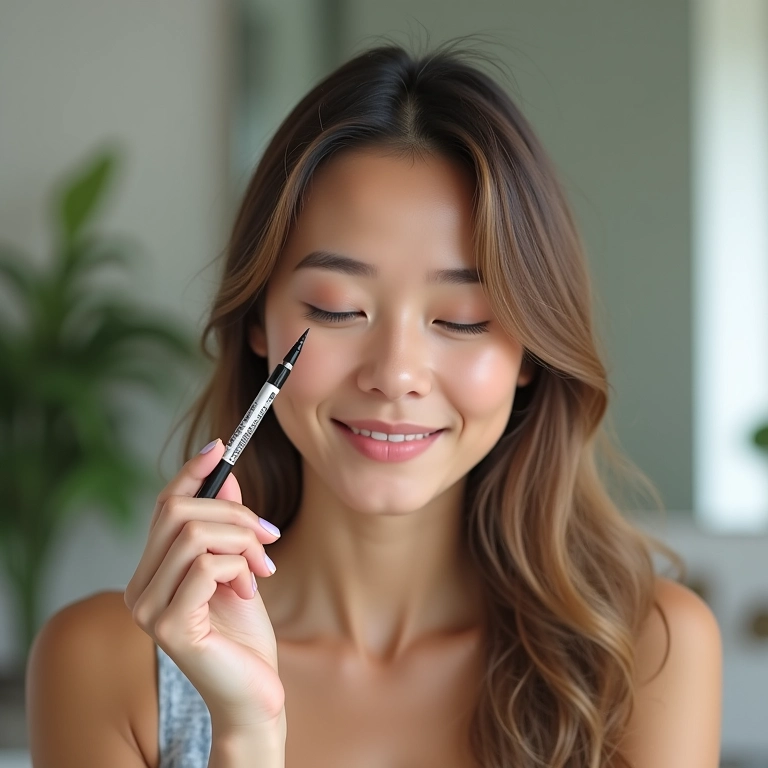 Mulher sorrindo com delineador em caneta na mão.