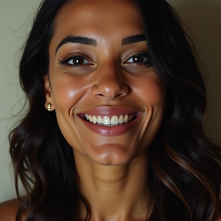 Mulher sorrindo com maquiagem impecável e vestido preto clássico.