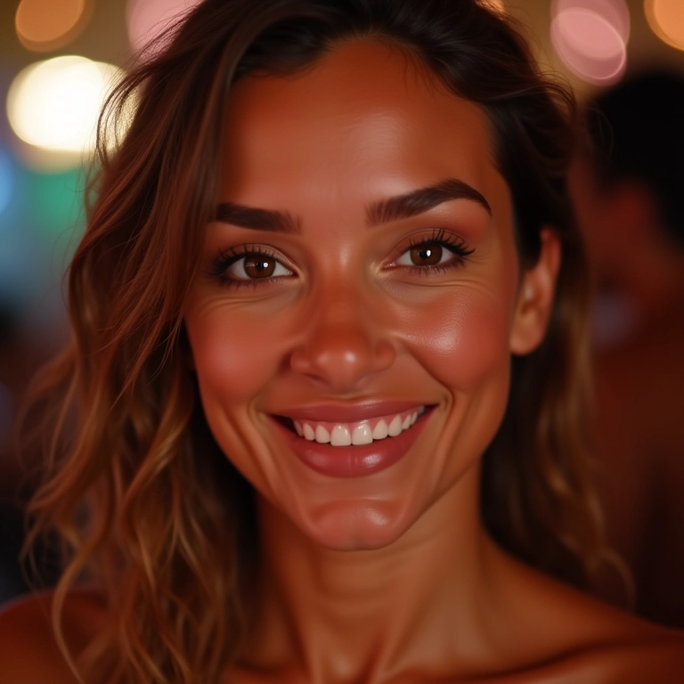 Mulher sorrindo com maquiagem impecável em festa brasileira, mostrando a durabilidade do fixador.