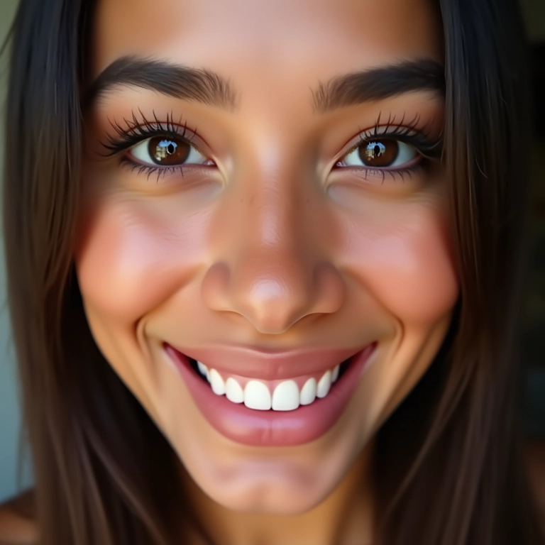 Mulher sorrindo com maquiagem para realçar olhos pequenos.