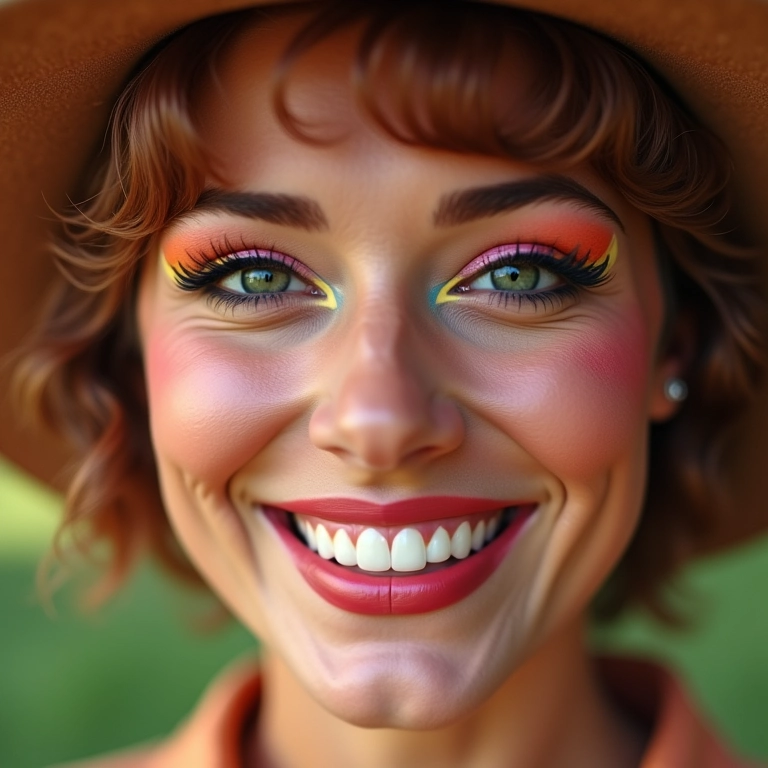 Mulher sorrindo com maquiagem vibrante dos anos 60, incluindo delineado gatinho e sombra pastel.