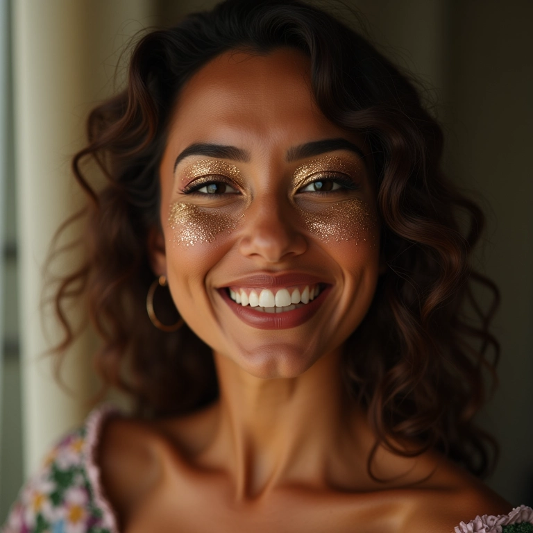 Mulher sorrindo com sombra com glitter de longa duração.