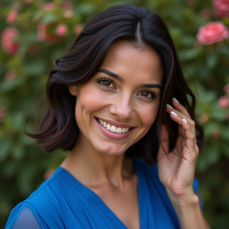 Mulher sorrindo com vestido azul aplicando maquiagem natural.
