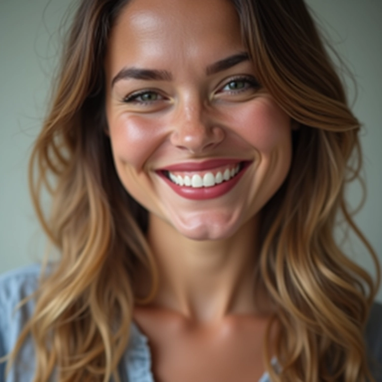 Mulher sorrindo confortavelmente usando batom de longa duração.