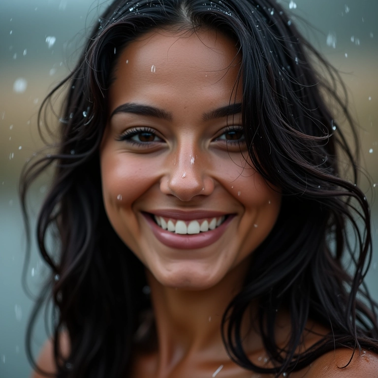 Mulher sorrindo na chuva, usando máscara de cílios à prova d'água.