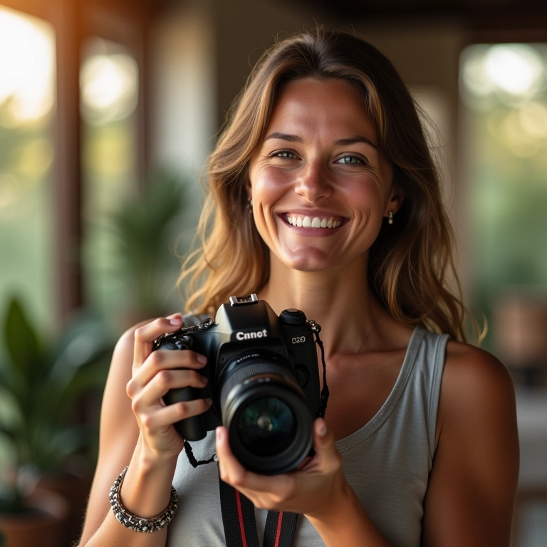 Mulher sorrindo segurando câmera profissional, demonstrando boa postura para fotografia.