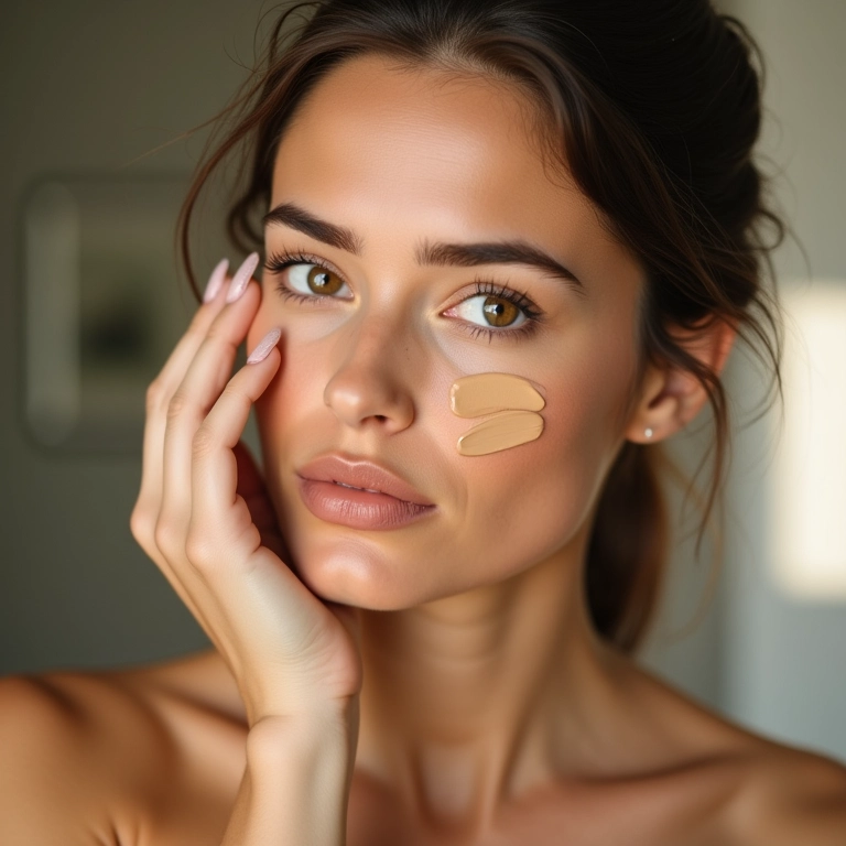 Mulher testando amostras de base no rosto.