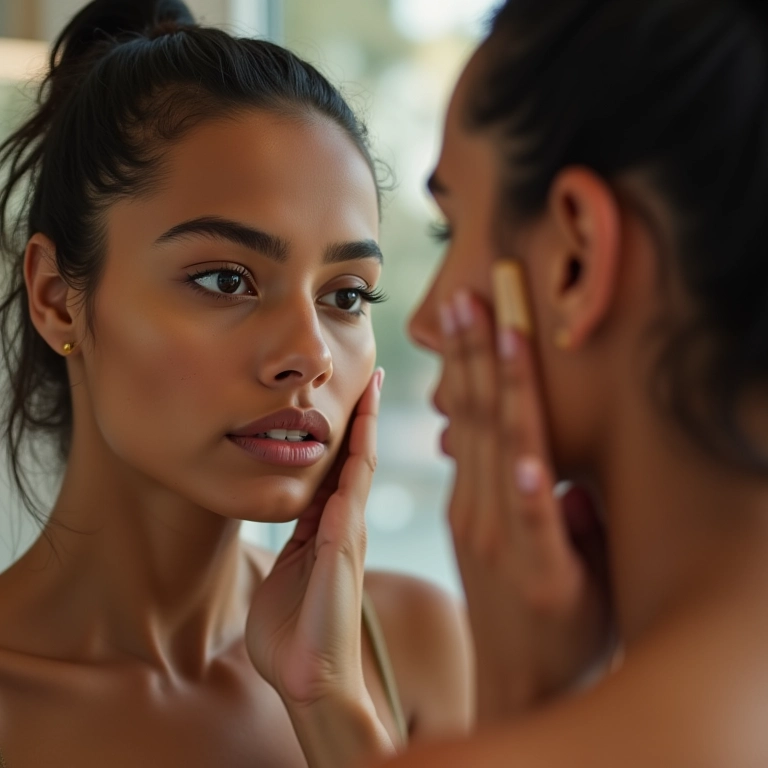 Mulher testando base no rosto antes de comprar.