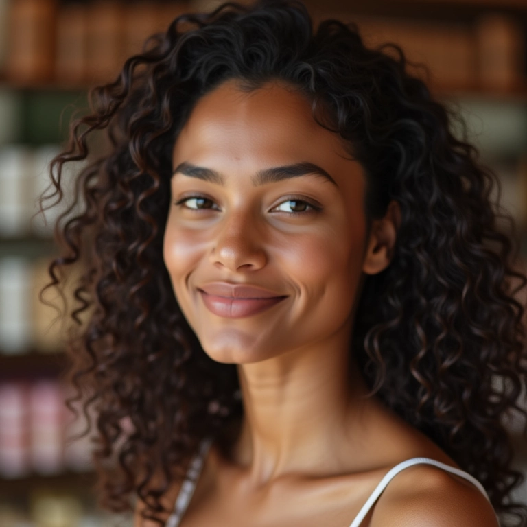 Mulher testando base no rosto em uma loja.