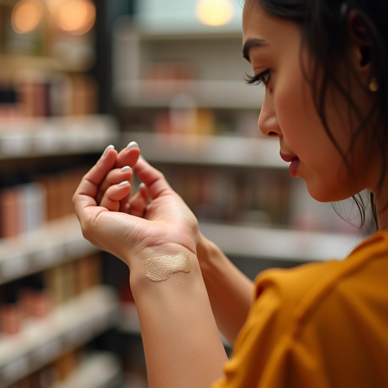 Mulher testando iluminador dourado no pulso em uma loja bem iluminada.