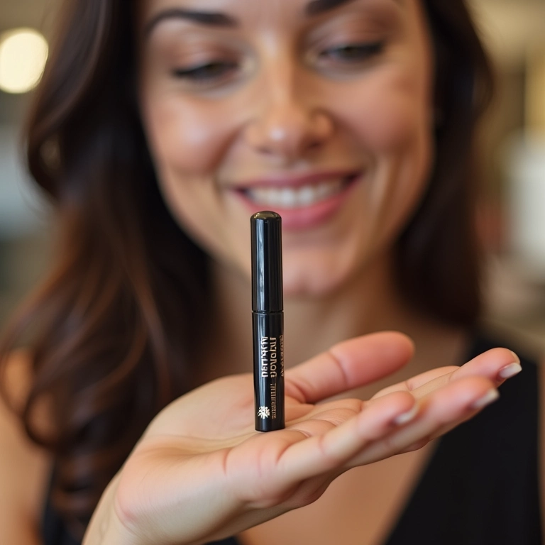 Mulher testando máscara para cílios antes de comprar.