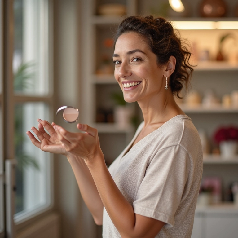 Mulher testando pó facial na mão antes de comprar.