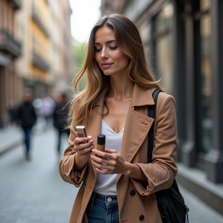 Mulher tirando base em bastão da bolsa, praticidade.