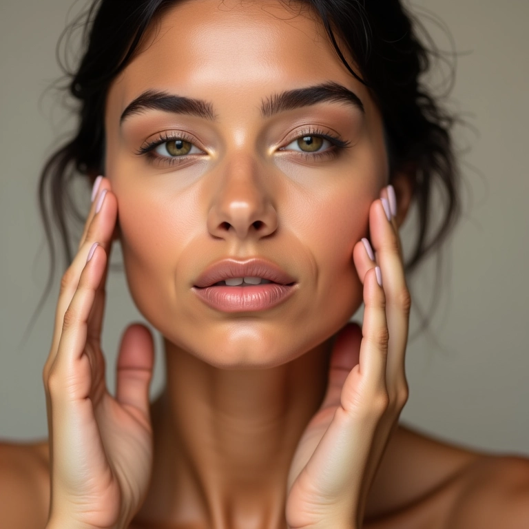 Mulher tocando o rosto com pele sequinha após aplicar BB cream.