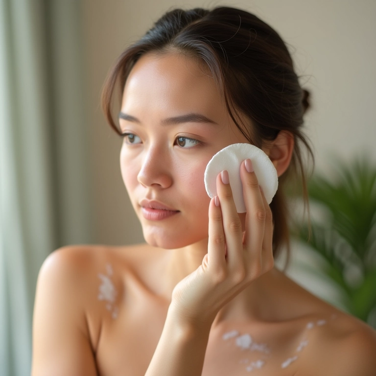 Mulher tonificando a pele com algodão.