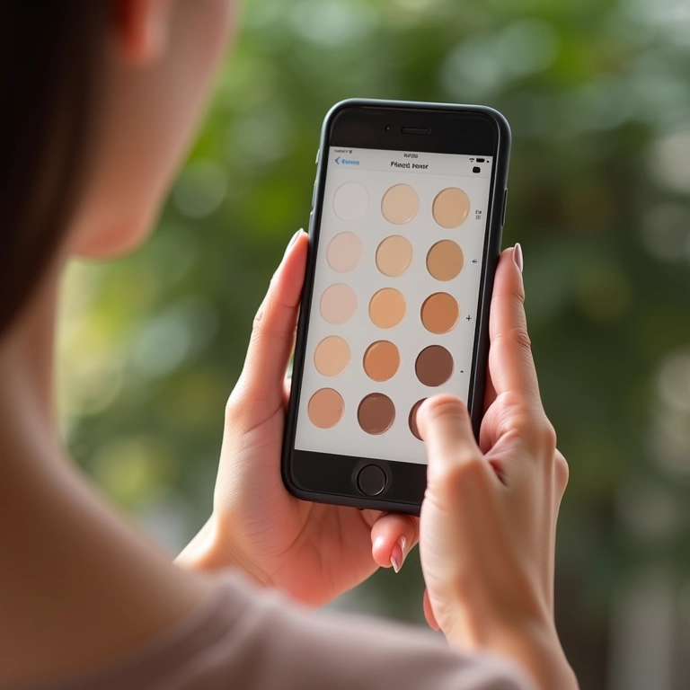 Mulher usando aplicativo para encontrar o tom de base.