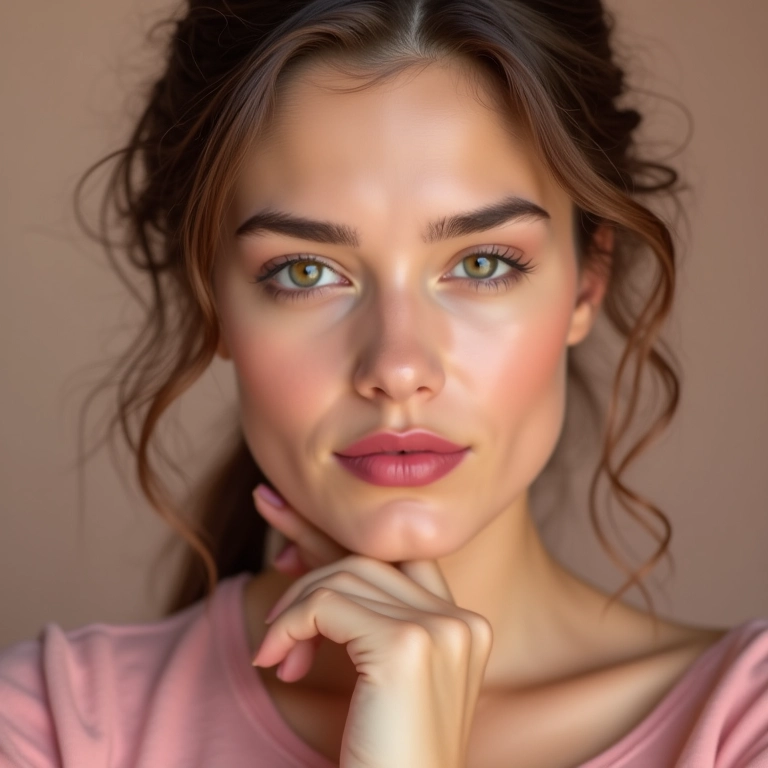 Mulher usando batom rosa cremoso.