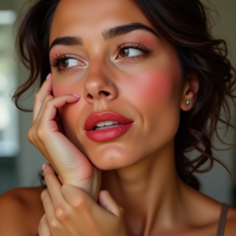 Mulher usando blush nos olhos e lábios.