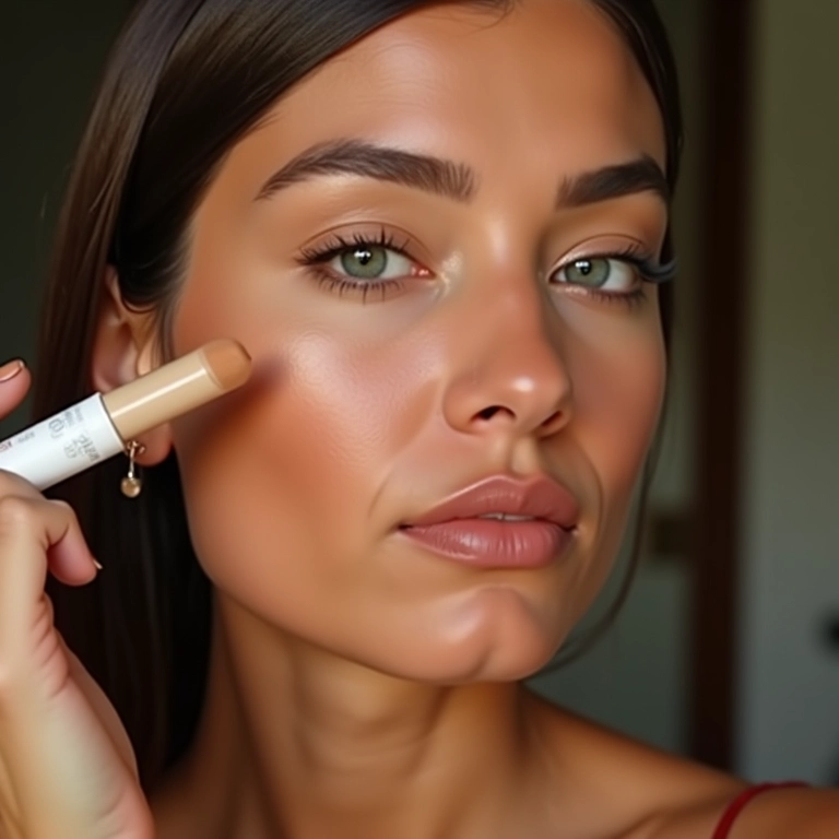 Mulher usando bronzer líquido no rosto, olhos e lábios.