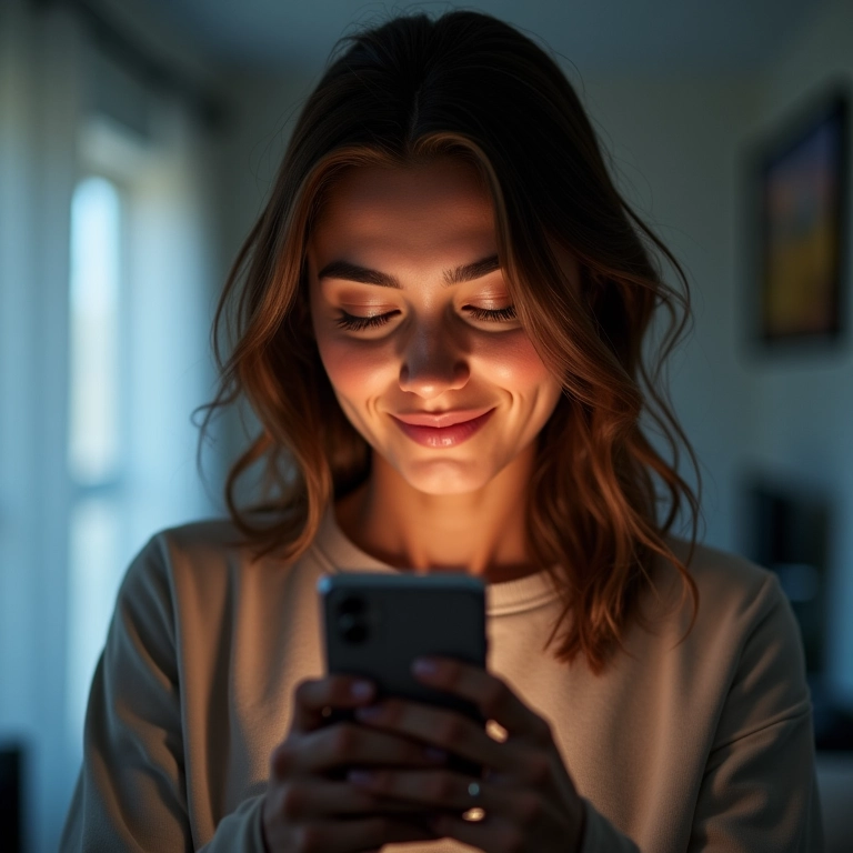 Mulher usando celular, BB cream protegendo da luz azul.