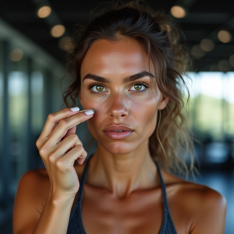 Mulher usando corretivo à prova d'água durante treino intenso na academia.