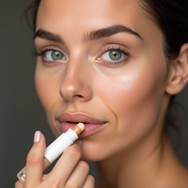 Mulher usando corretivo em bastão para contorno facial.