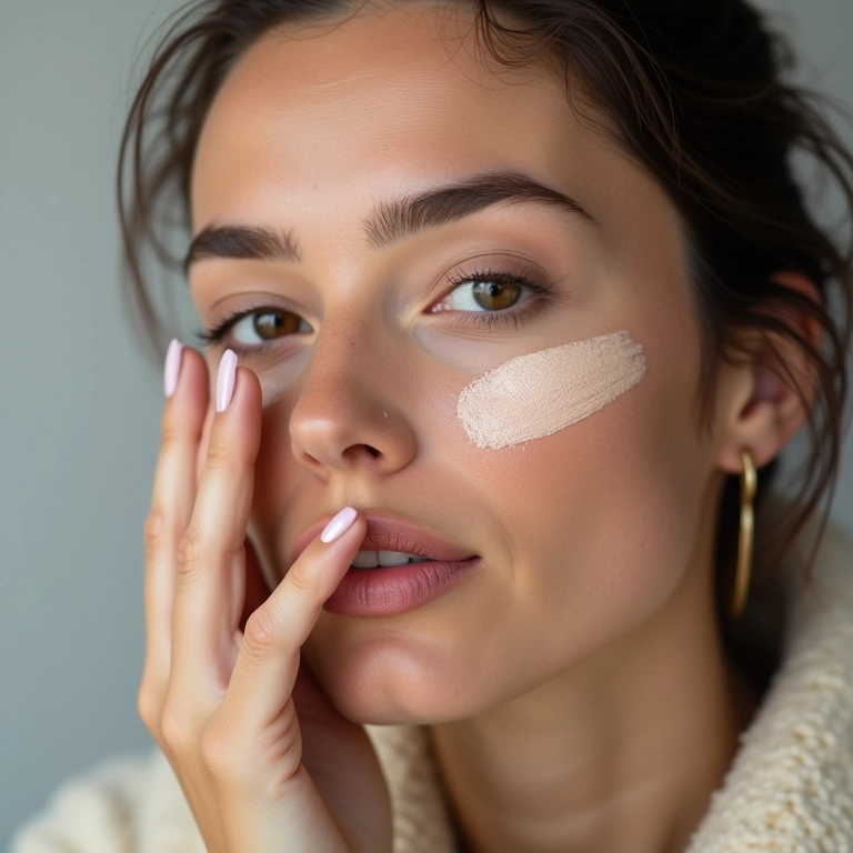 Mulher usando corretivo vegano e cruelty-free: beleza consciente no inverno.