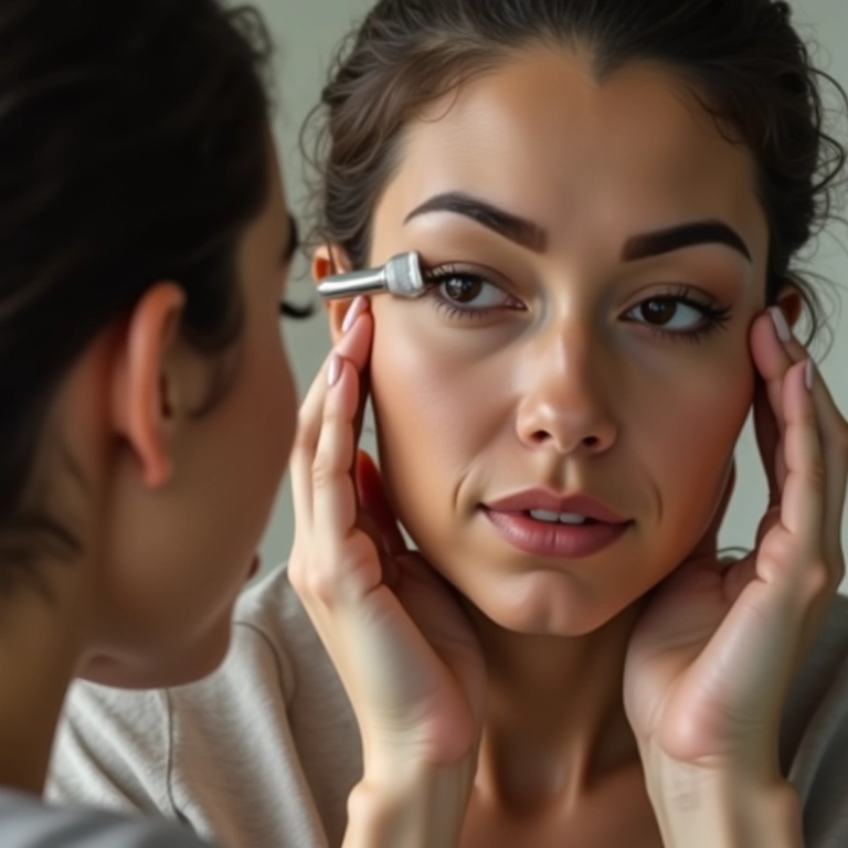 Mulher usando espelho de aumento para aplicar delineador.