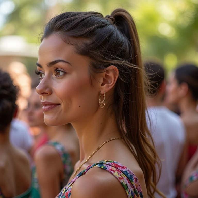 Mulher usando fixador de fixação forte em festa ao ar livre, cabelo impecável.