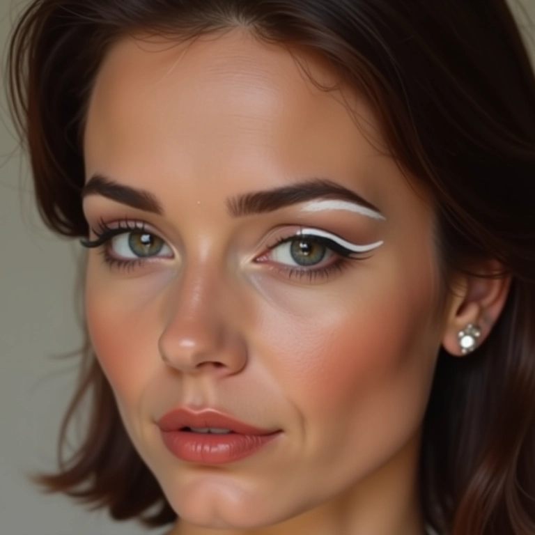 Mulher usando lápis branco na linha d'água com maquiagem dos anos 60.