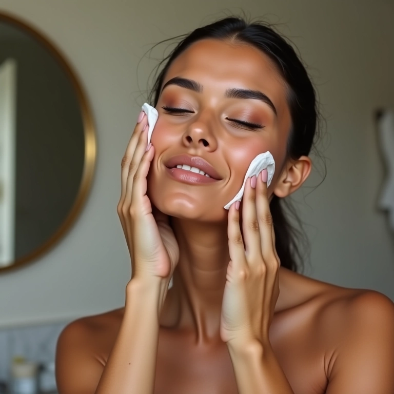 Mulher usando lenço demaquilante.