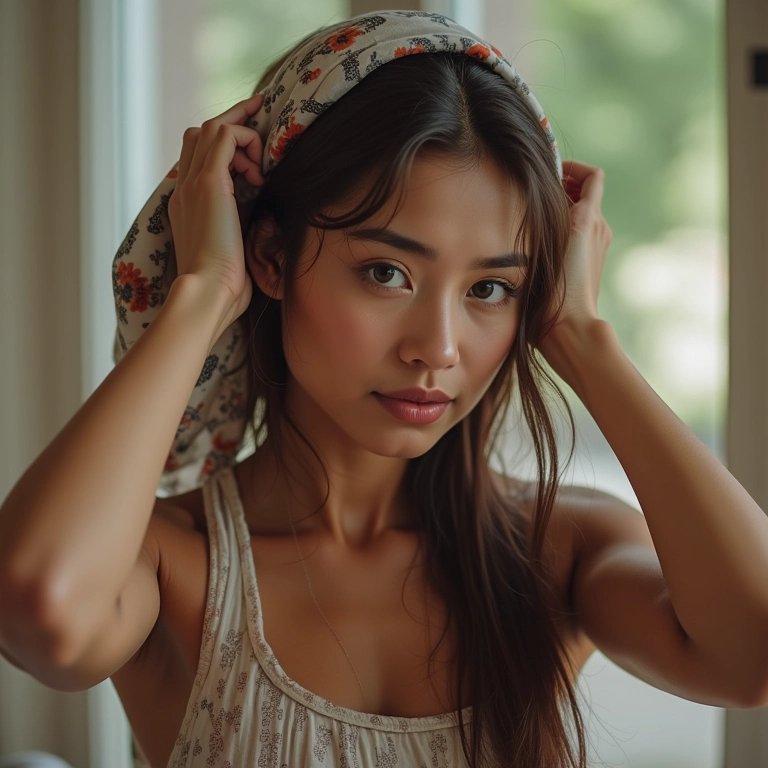 Mulher usando lenço no cabelo.