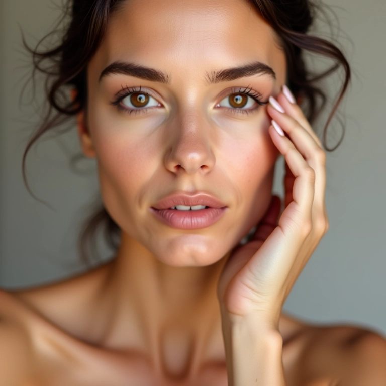 Mulher usando pó fixador no rosto, cobertura leve e acabamento impecável.