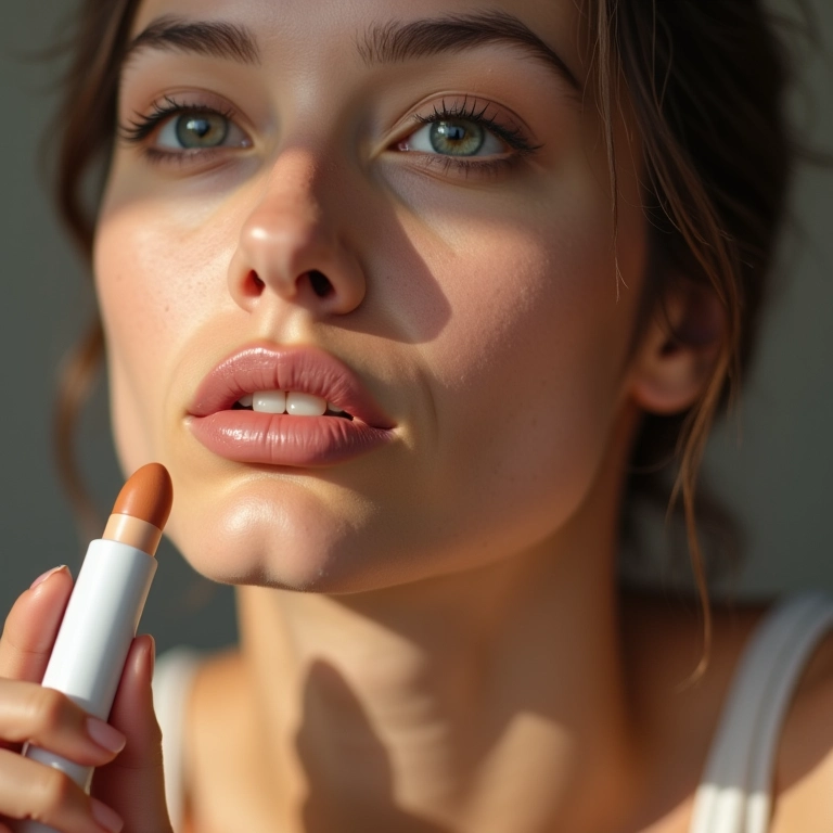 Mulher usando um produto multifuncional para contorno facial.