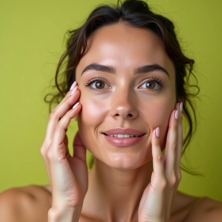 Mulher verificando elasticidade da pele com corretivo de chá verde.