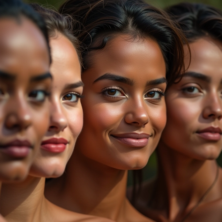 Mulheres brasileiras de diferentes etnias aplicando pó facial em seus rostos.