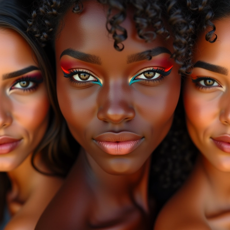 Mulheres brasileiras diversas exibindo delineados gráficos modernos e coloridos.