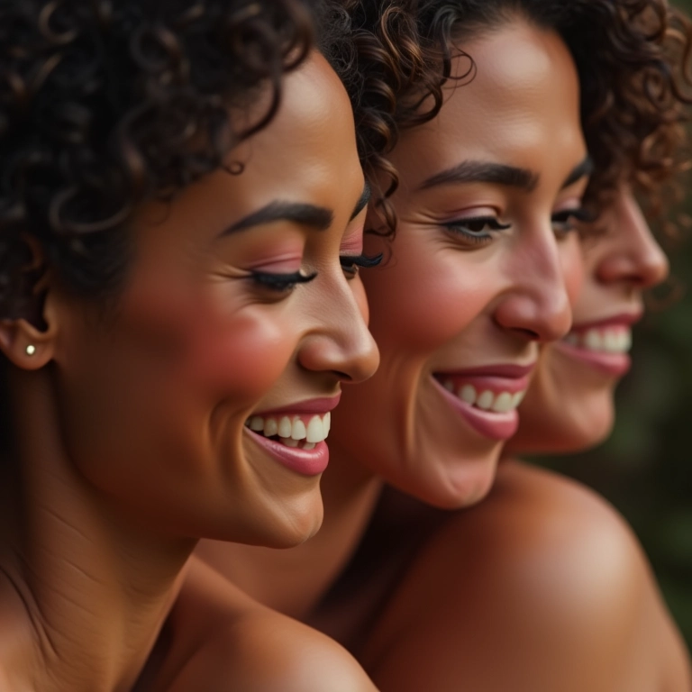 Mulheres brasileiras diversas experimentando blush de diferentes tons.