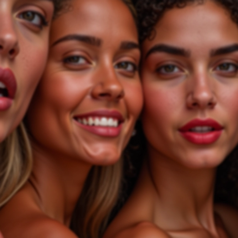 Mulheres brasileiras diversas mostrando diferentes tons de batom nude.