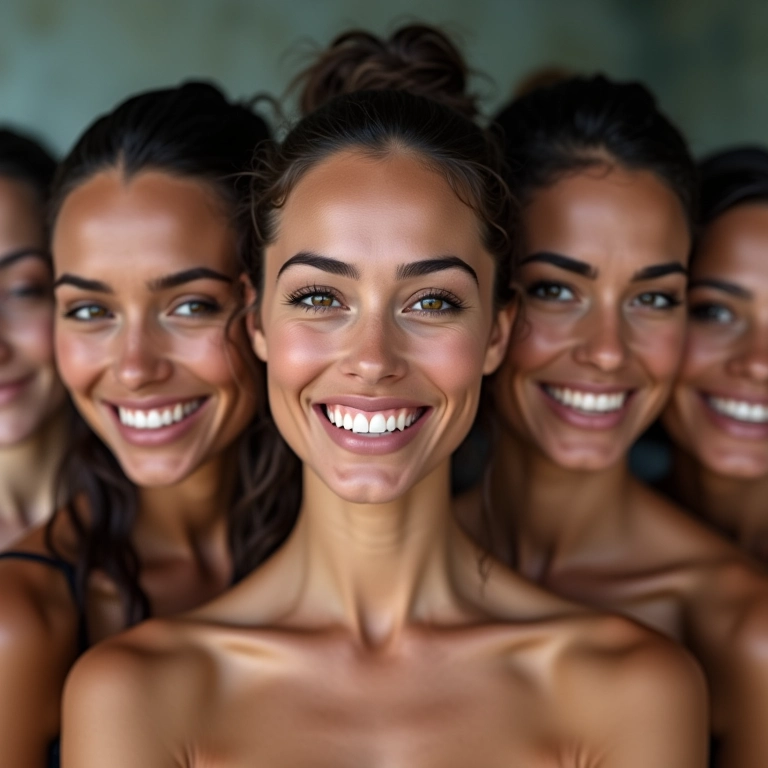 Mulheres brasileiras diversas sorrindo, representando a beleza em diferentes idades e corpos, com foco no conceito de contorno para queixo duplo.