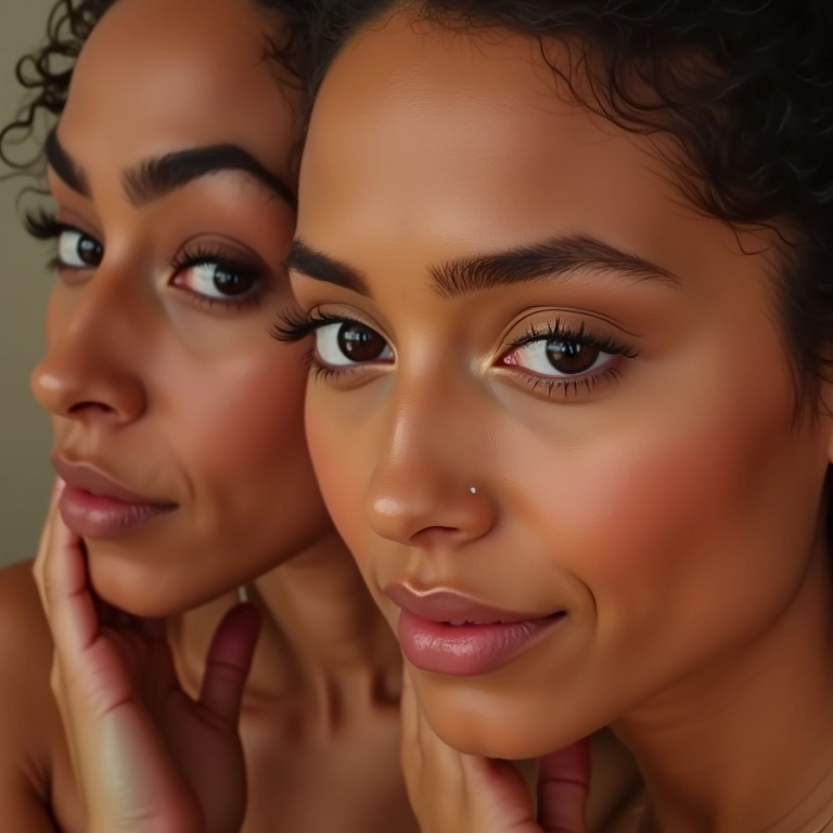 Mulheres brasileiras diversas testando pó compacto em diferentes tons de pele.