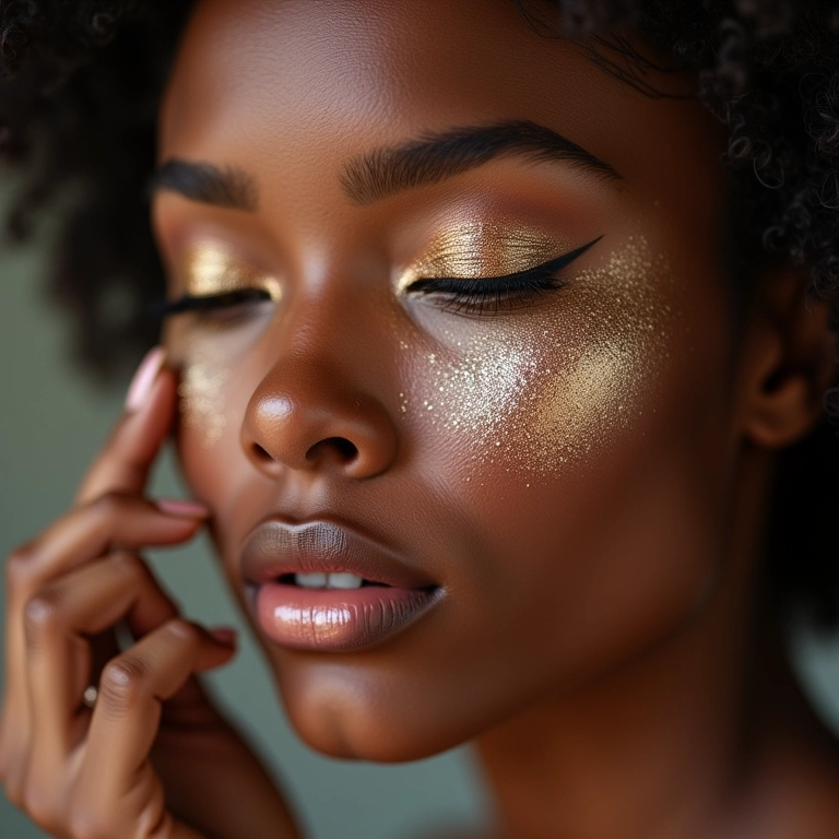 Mulheres diversas aplicam maquiagem com pó de diamante, realçando as maçãs do rosto.