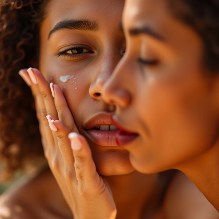 Mulheres diversas aplicando base com protetor solar físico.