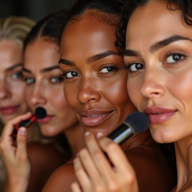 Mulheres diversas aplicando base de longa duração