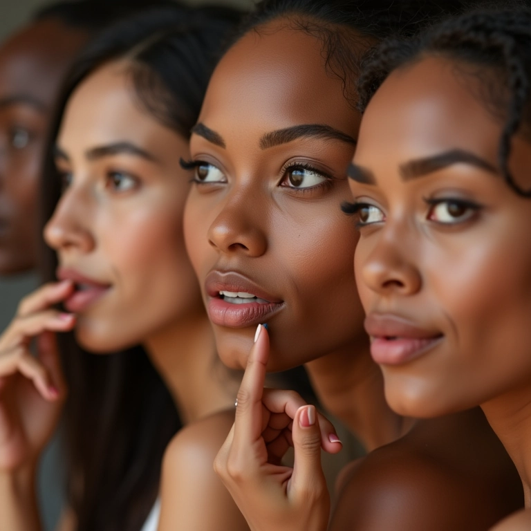 Mulheres diversas aplicando base em bastão em diferentes tons de pele.