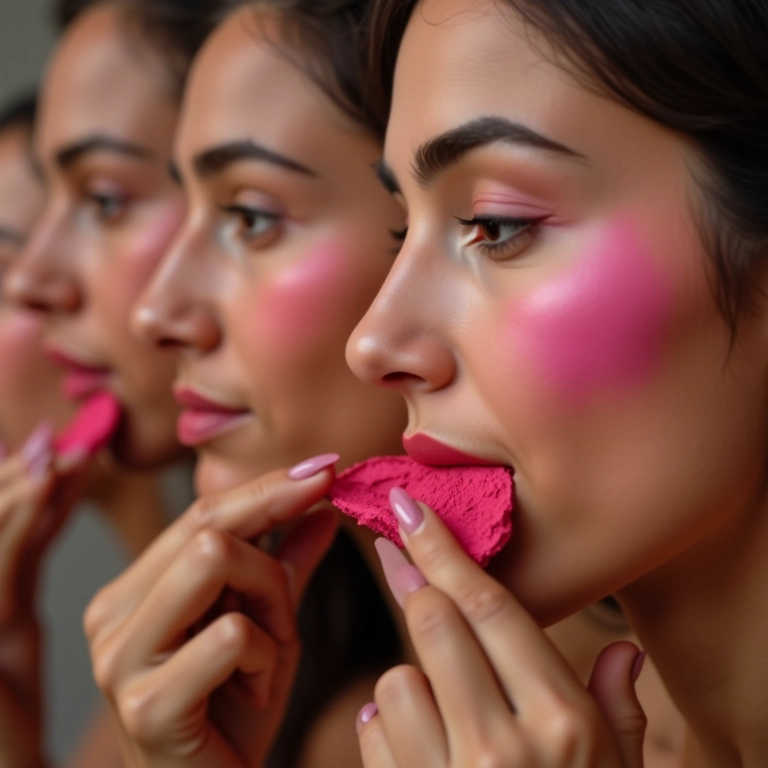 Mulheres diversas aplicando blush em pó solto, mostrando pigmentação intensa.